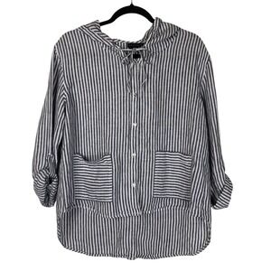 Tahari Womens Linen Boxy Button Up Hoodie Size M Striped Beachy Coastal Boho